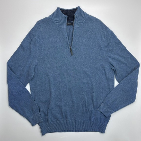 Nautica Sweater Mens Large Blue Pullover Quarter Zip Logo‎ Mock Neck - Picture 1 of 7